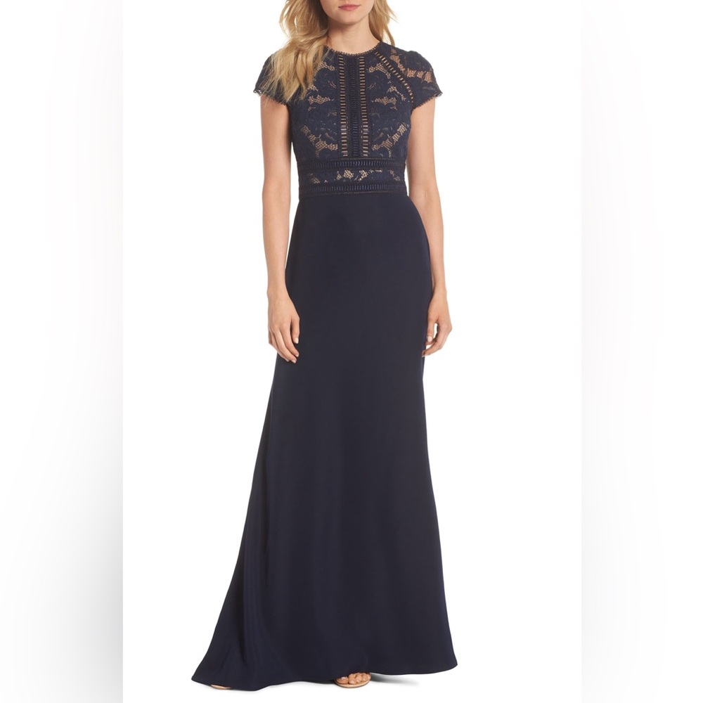Tadashi Shoji Catrine Lace Bodice Crepe Gown Black Nude Size 16 NWT
